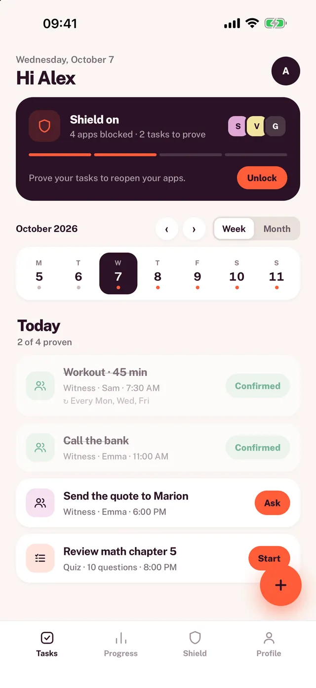 Wuli's home screen: the shield on, the week, and today's tasks to prove.