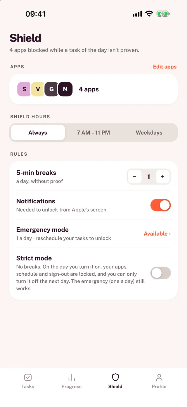 The shield settings: locked apps, hours, breaks, emergency mode and strict mode.