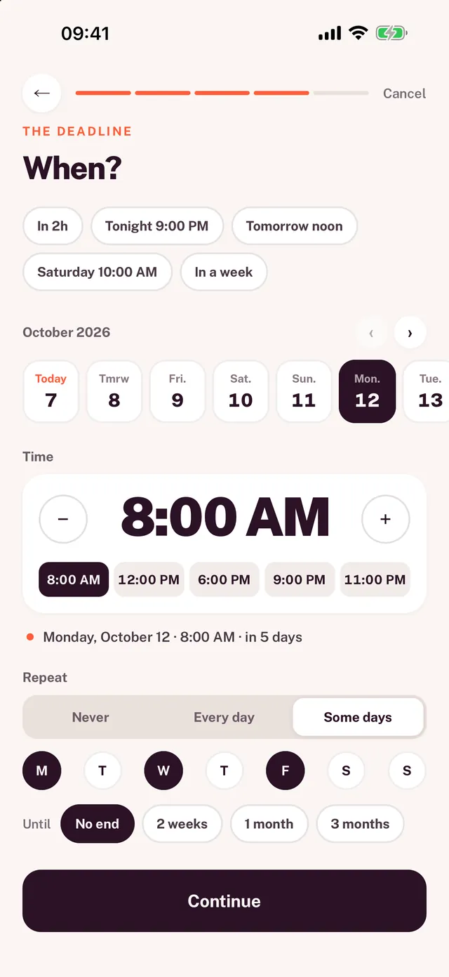 A recurring task in Wuli: Monday, Wednesday and Friday at 8 AM, no end date.