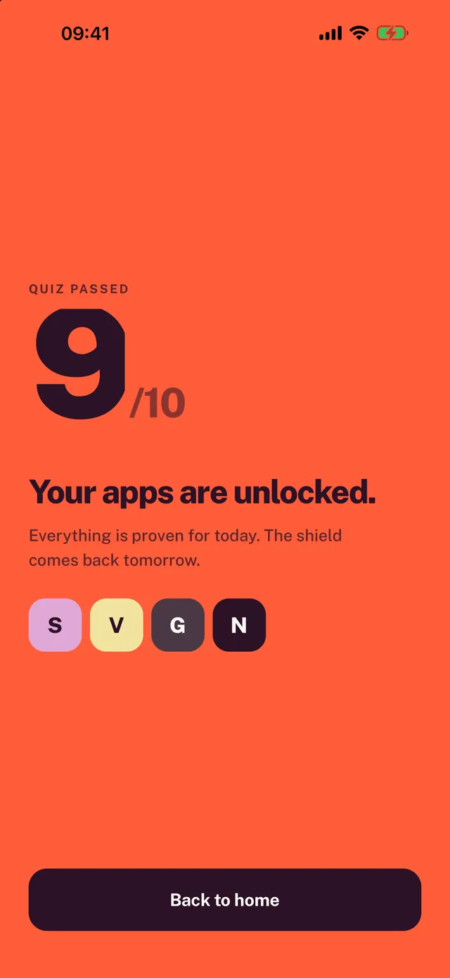 Quiz passed, 9 out of 10: “Your apps are unlocked.”