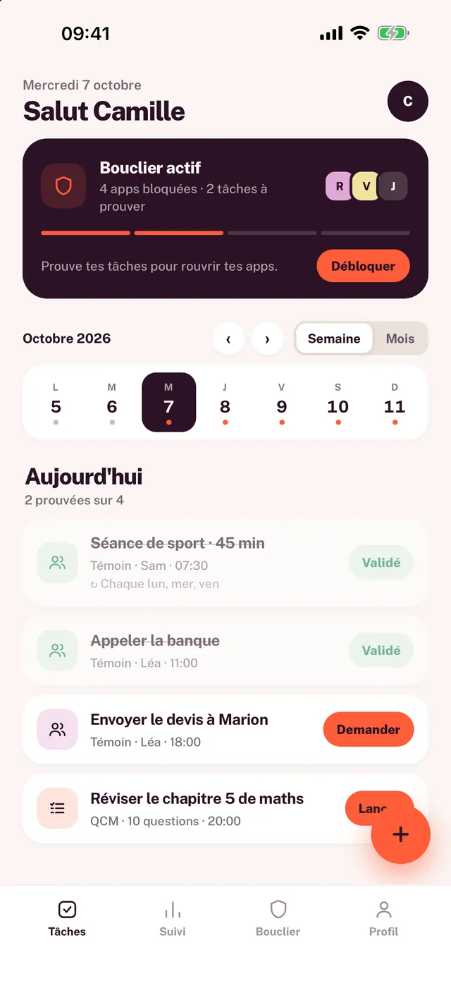 L'accueil de Wuli : le bouclier actif, la semaine, et les tâches du jour à prouver.