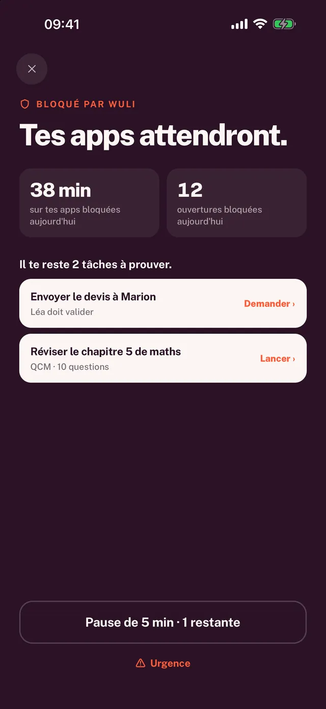 L'écran de blocage de Wuli : « Tes apps attendront. », avec les deux tâches qu'il reste à prouver.