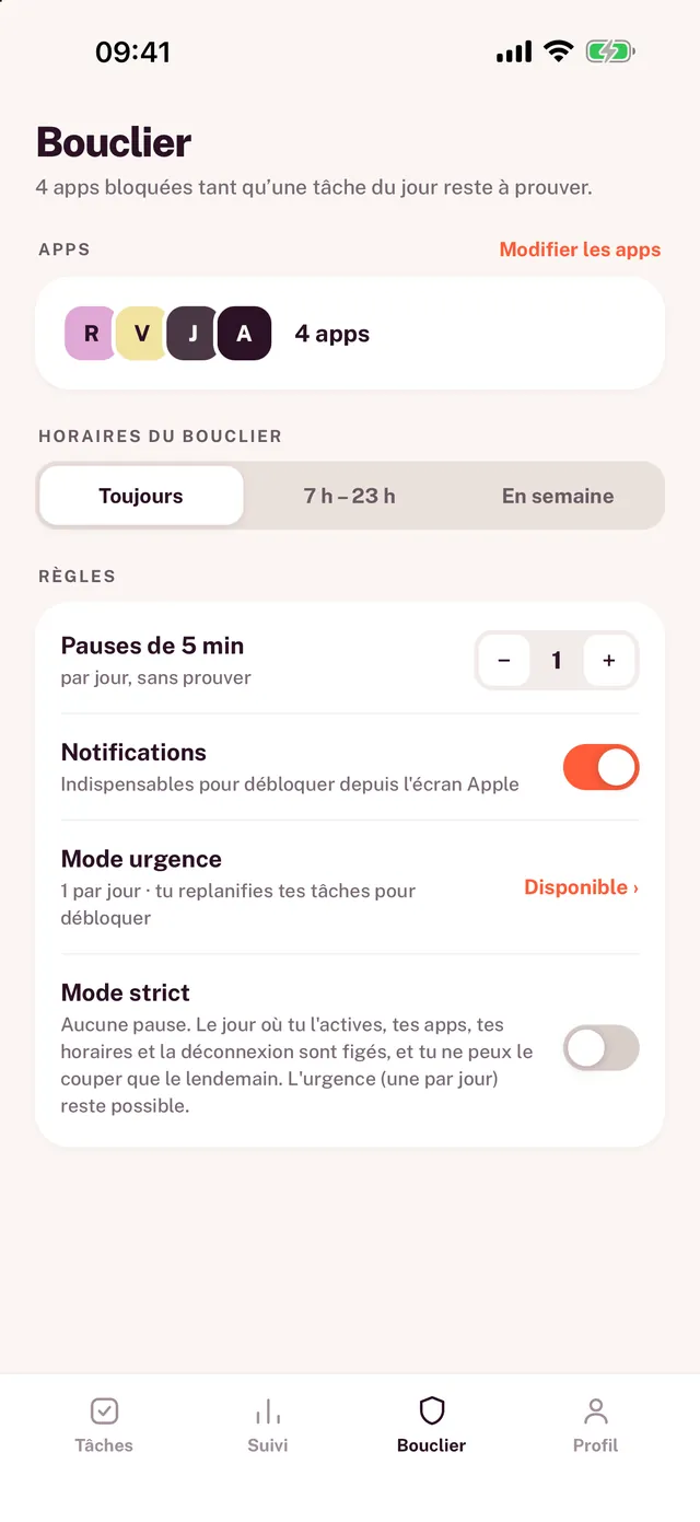 Les réglages du bouclier : les apps bloquées, les horaires, les pauses, l'urgence et le mode strict.
