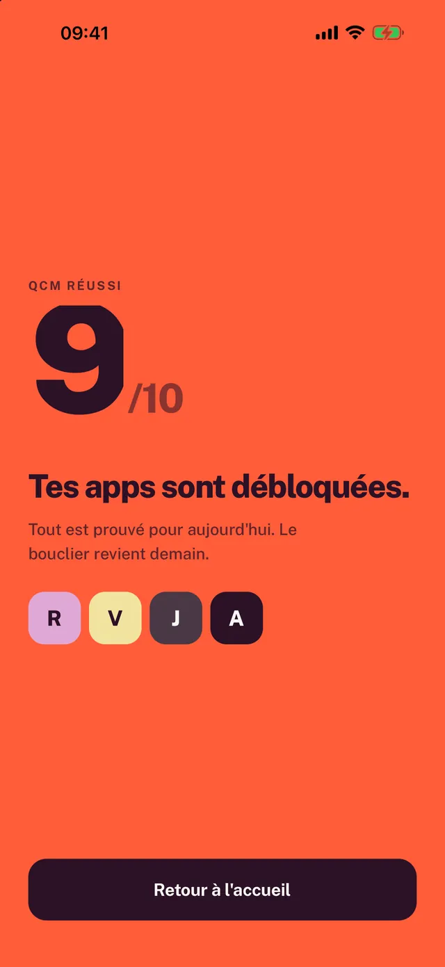 QCM réussi, 9 sur 10 : « Tes apps sont débloquées. »